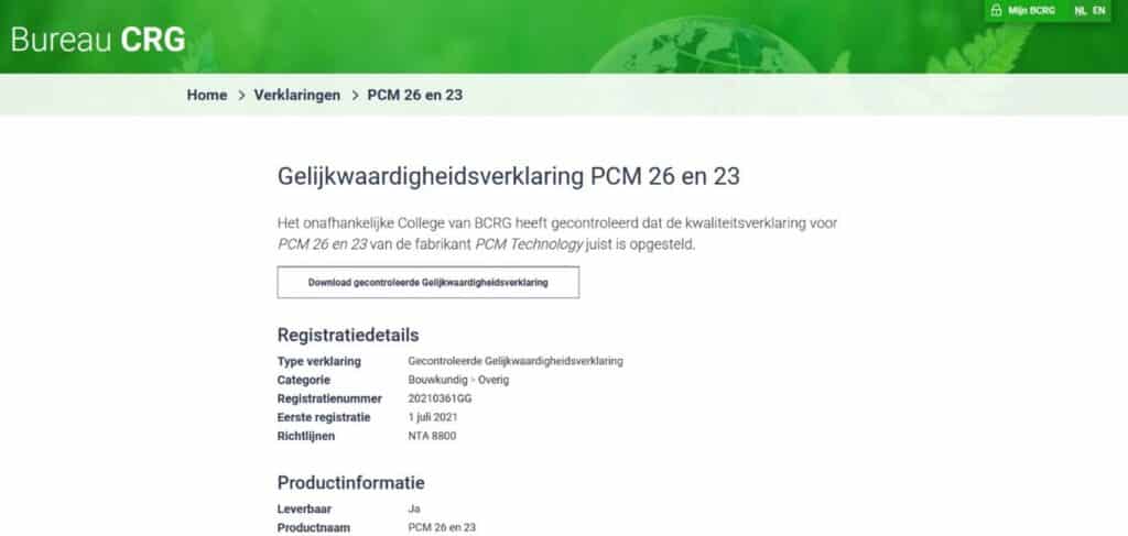 Bureau CRG Gelijkwaardigheidsverklaring PCM 26 en 23